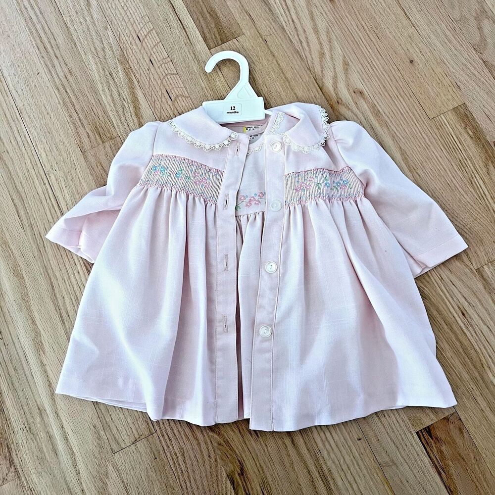 Fine vtg 90s smocked dress coat floral embroidery baby toddler 12 months - Picture 3 of 8